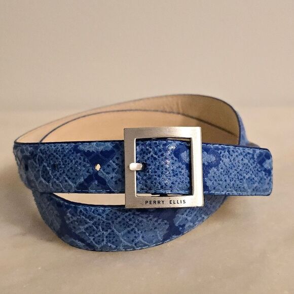 Perry Ellis Snakeskin embossed blue leather belt L - Picture 7 of 7